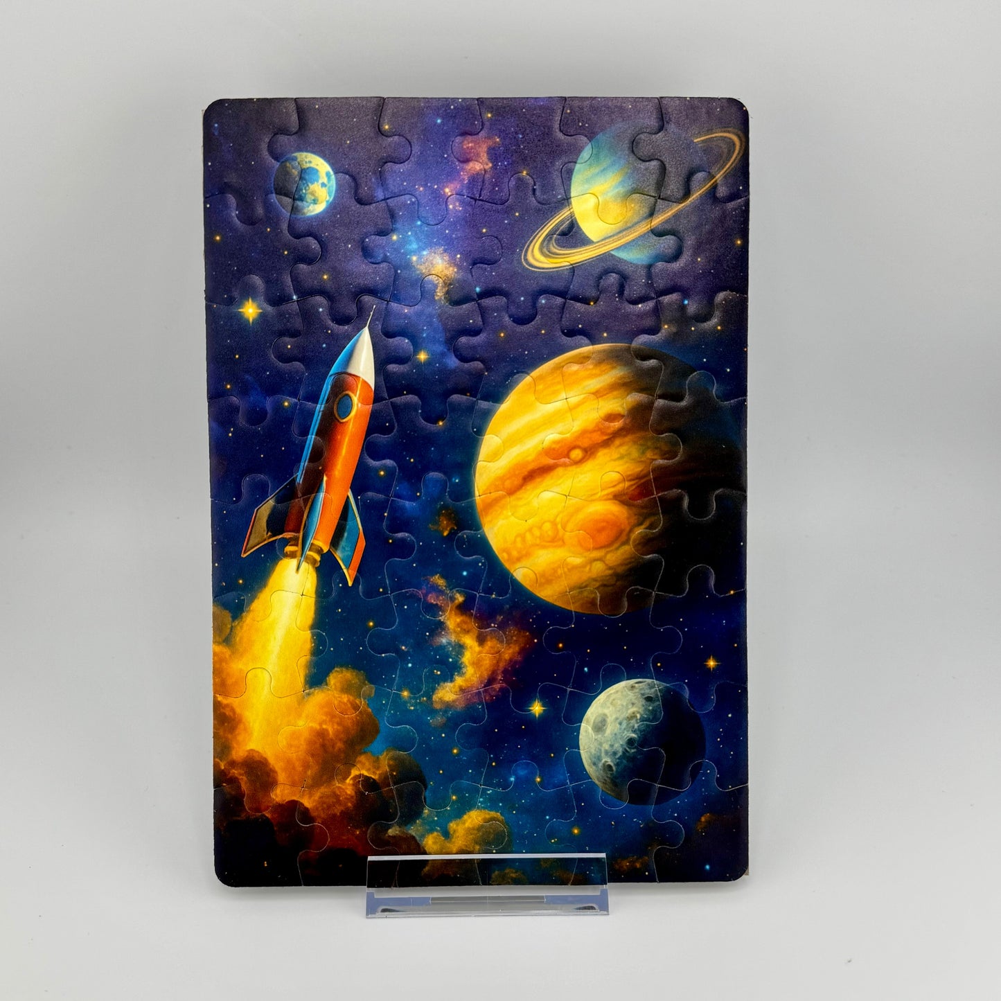 Space-themed puzzle with a rocket and planets on a stand against a white background