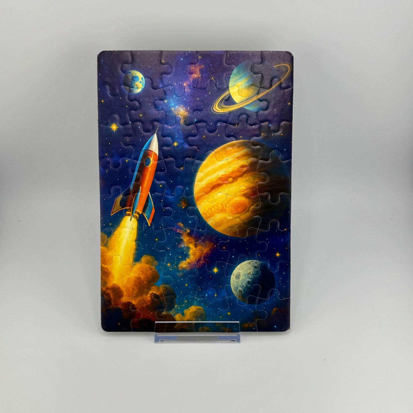 Space-themed puzzle with a rocket and planets on a gray background