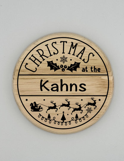 Personalized Christmas Family Crest Wooden Coaster Set