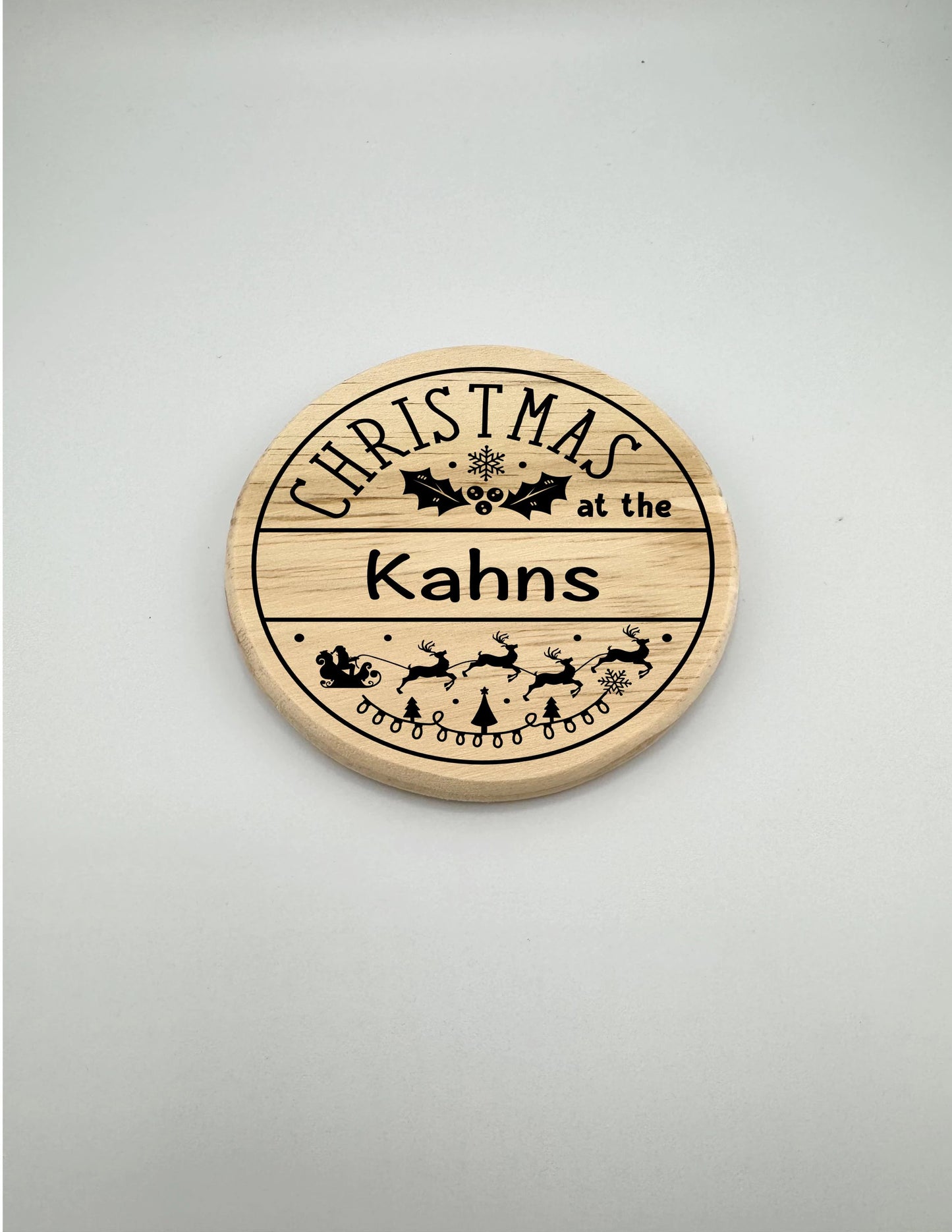 Personalized Christmas Family Crest Wooden Coaster Set