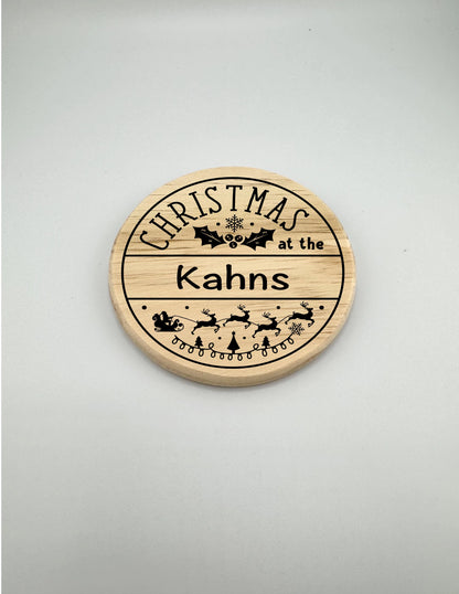 Personalized Christmas Family Crest Wooden Coaster Set