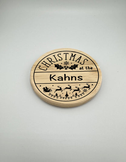 Personalized Christmas Family Crest Wooden Coaster Set