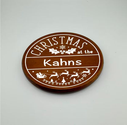 Personalized Christmas Family Crest Wooden Coaster Set