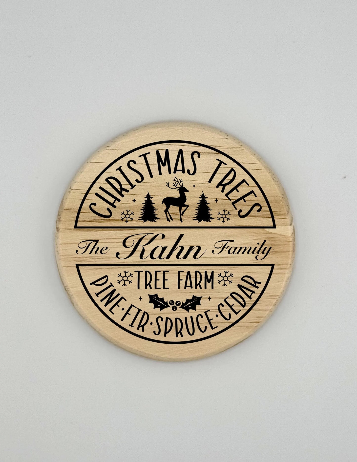 Personalized Christmas Tree Family Crest Wooden Coaster Set