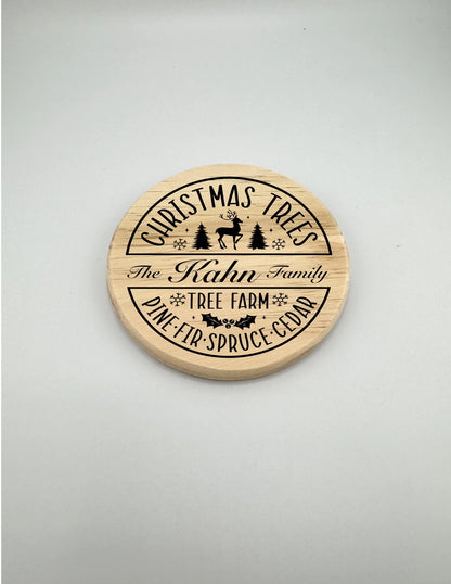 Personalized Christmas Tree Family Crest Wooden Coaster Set