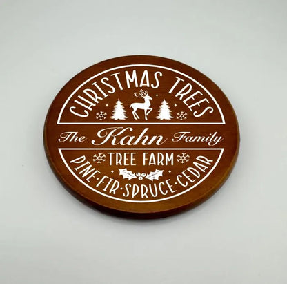 Personalized Christmas Tree Family Crest Wooden Coaster Set