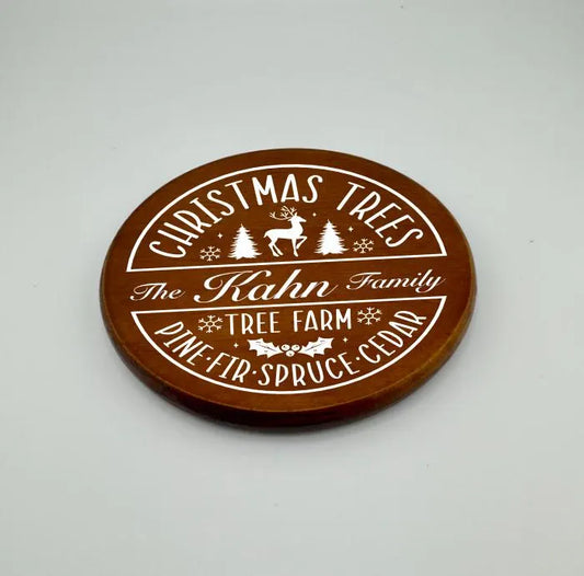 Personalized Christmas Tree Family Crest Wooden Coaster Set